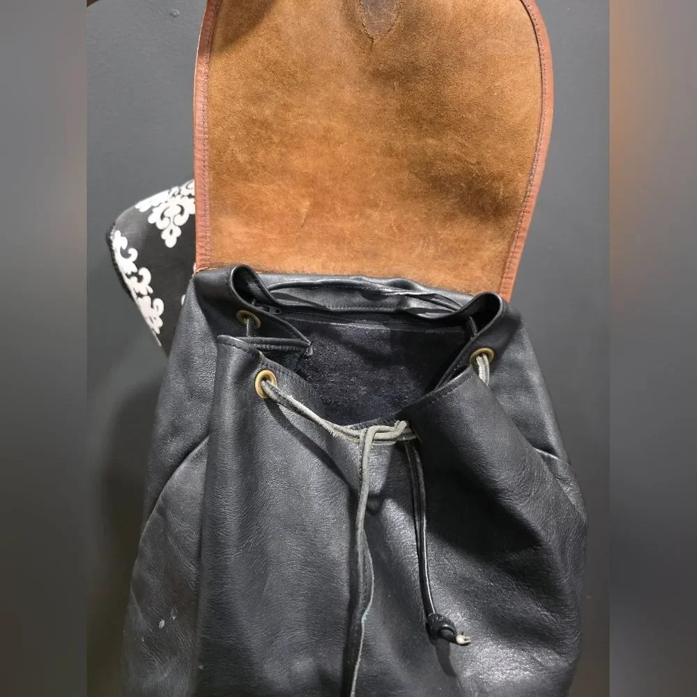 Two Tone Brown and Black Leather Full Size Buckle Closure Backpack 16x14